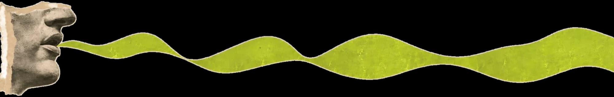 Collage: a classical sculpted face speaking, its voice a chartreuse ribbon flowing across the page